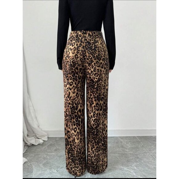 high rise leopard print wide leg pants denim jeans black brown dark - Picture 6 of 7